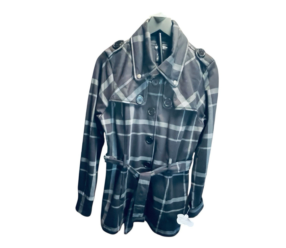 W-Juniors Jacket Large Double Breast Trench Coat Blk -Gray Check Y2K SelfEsteem